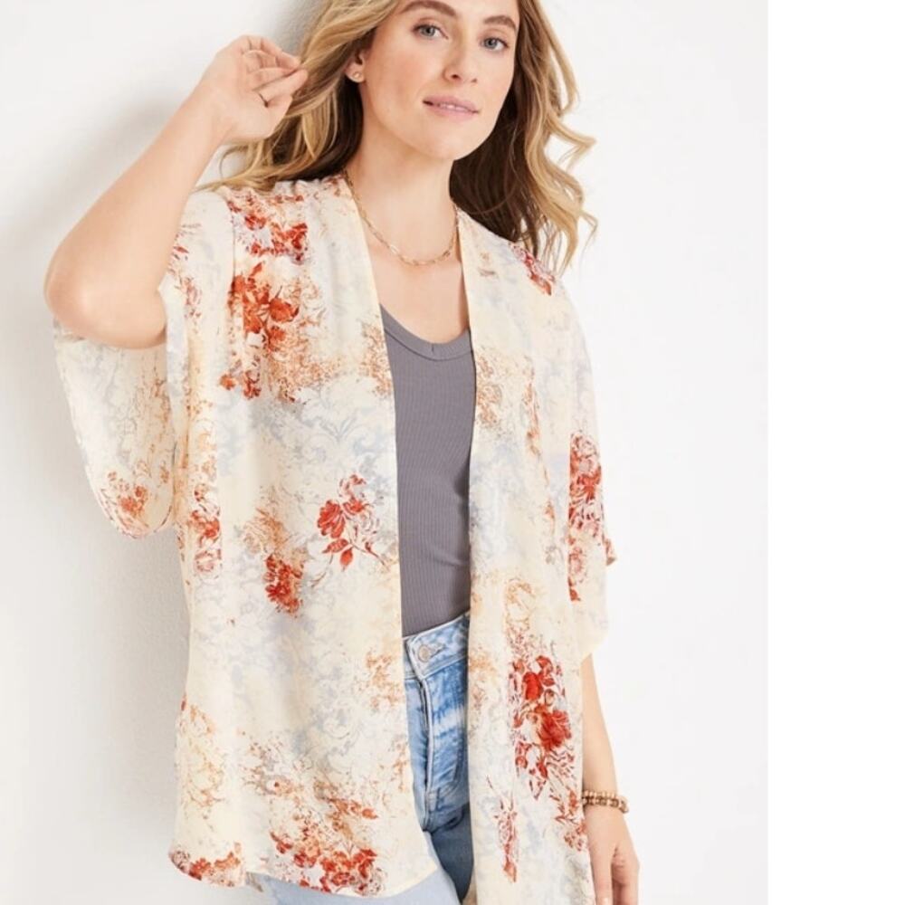 Maurices Floral Kimono Womens OS Ivory Baroque Lightweight Cardigan Coverup
